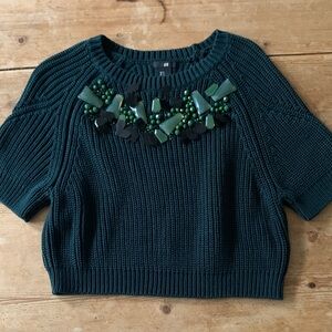 NWOT Dark Green Raglan Crew  Cropped Shaker Knit Sweater with Embellishments